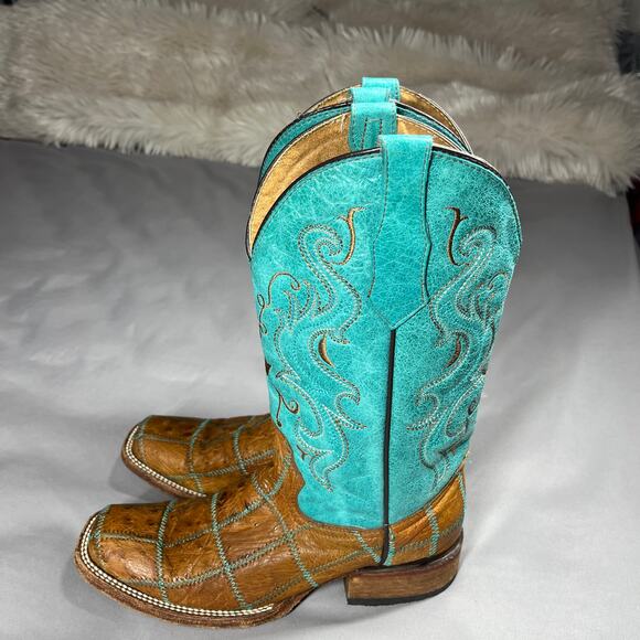 Vtg Circle G Boots Womens Sz 8.5M Western Square Toe Turquoise & Brown Cowgirl - Picture 1 of 16